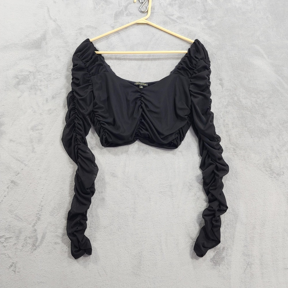 Shinestar Top Womens‎ M Black Ruched Mesh Sweetheart Cropped Long Sleeve Stretch